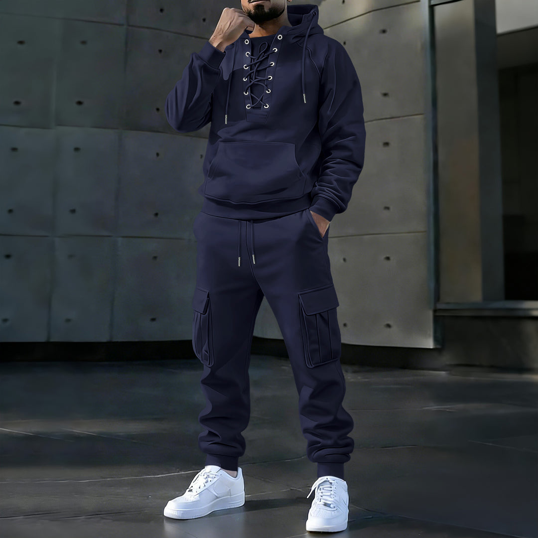 Men's hoodie with distinctive front lacing, kangaroo pocket, and elastic cuffs Mune Fashion