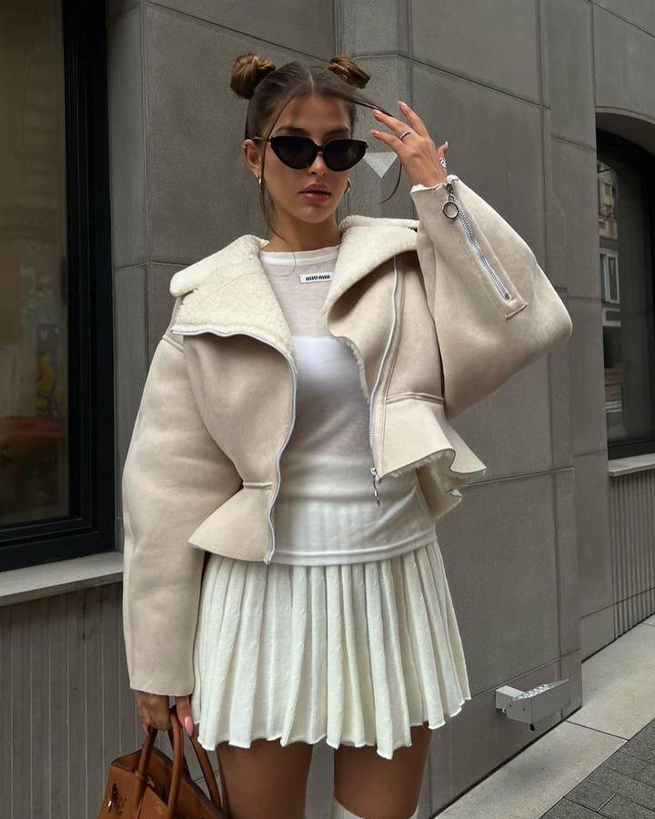 Women's Short Lambskin Imitation Biker Jacket with Oversized Collar and Asymmetrical Zipper Mune Fashion