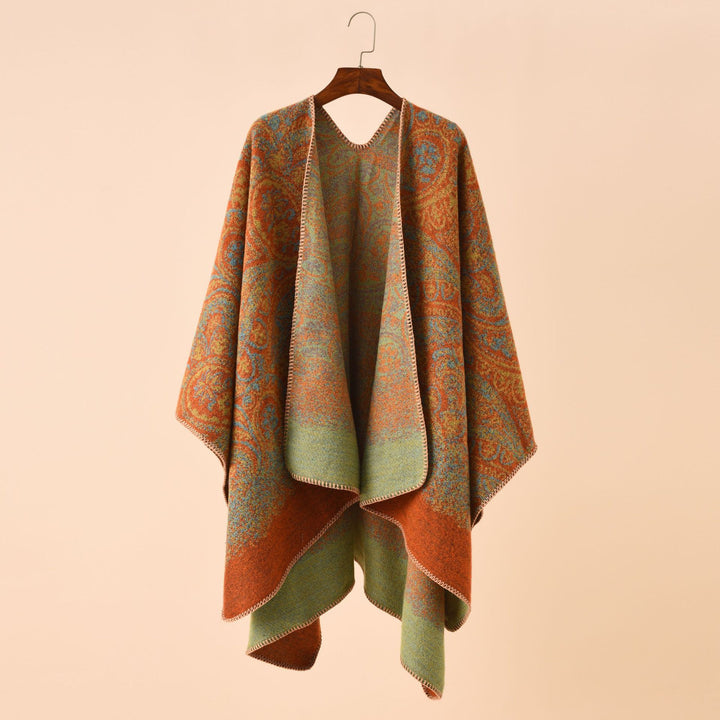Women's Paisley-Jacquard-Cape Poncho made of wool blend with decorative chain stitch Mune Fashion