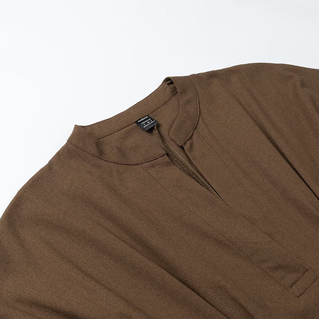 Women's A-Line Midi Dress with Stand Collar, Tailored Belt and Boxy Short Sleeves Mune Fashion