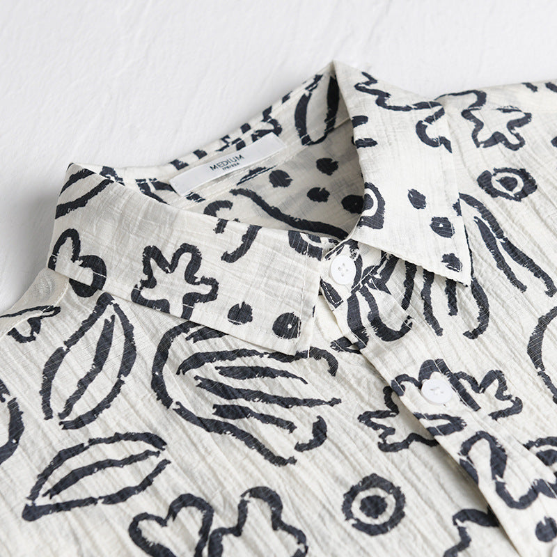 Men's Loose Crinkle Shirt with Hand-Drawn Floral Print and Chest Pocket Mune Fashion