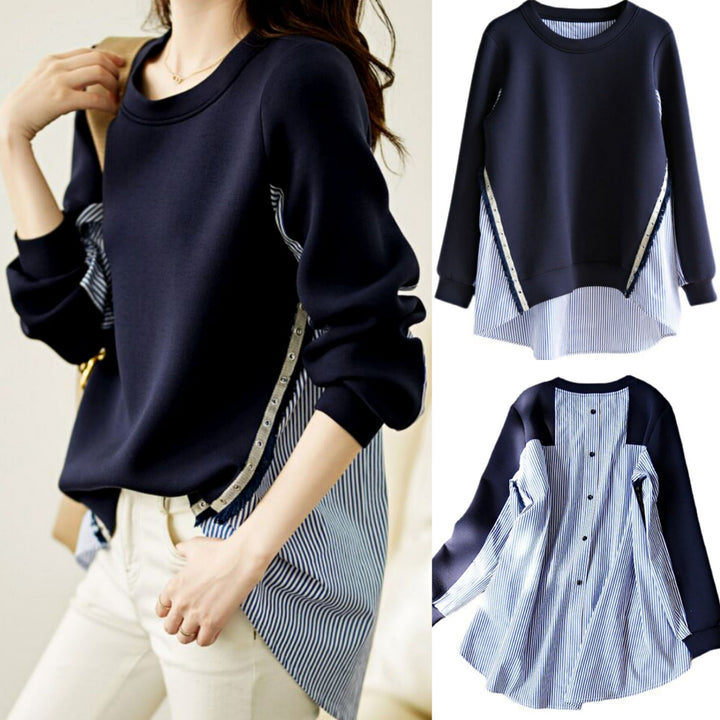 Ladies' layered look sweatshirt with striped shirt hem, decorative strips, and extended back Mune Fashion
