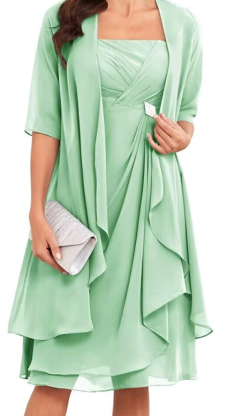 Women's Chiffon Evening Dress with Bolero and Asymmetrical Layered Skirt Mune Fashion