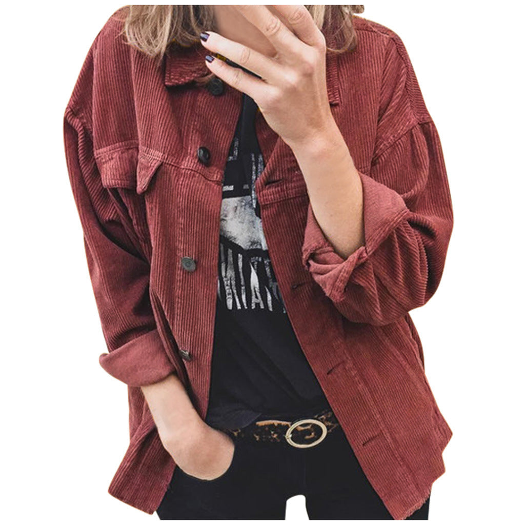 Women nano oversized cord jacket with applied pockets and classic button placket Mune Fashion