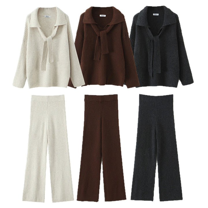 Women Ribbed Knit Two-Piece with Wide V-Neck, Long Scarf and Palazzo Pants Mune Fashion