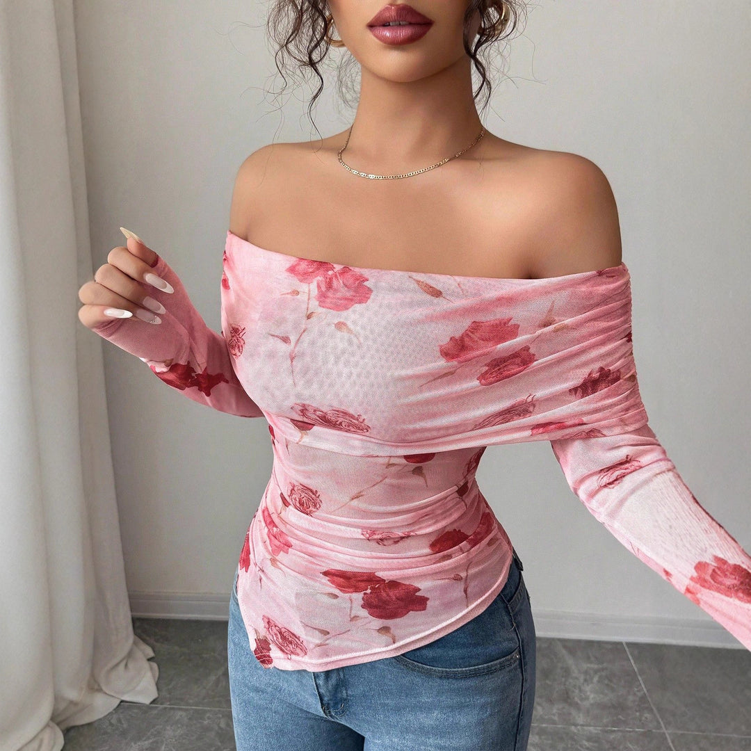 Women off-shoulder gathered long-sleeve top made of fine mesh with floral print and tailored silhouette Mune Fashion