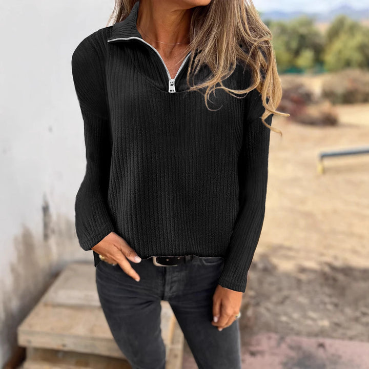 Women Ribbed Knit Sweater with Half Zip and Stand-Up Collar Mune Fashion