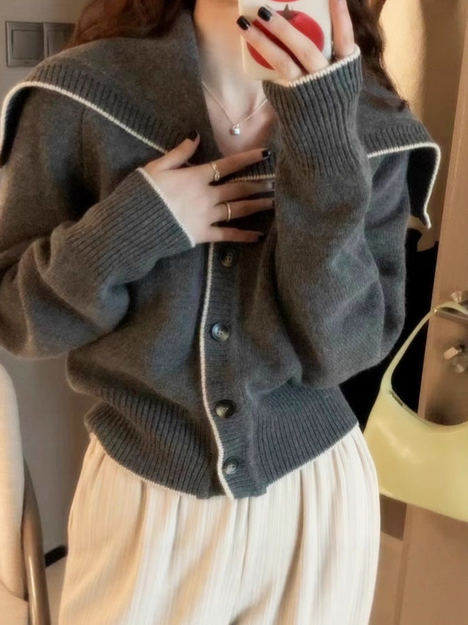Women’s knit cardigan with oversized sailor collar and contrast edge Mune Fashion