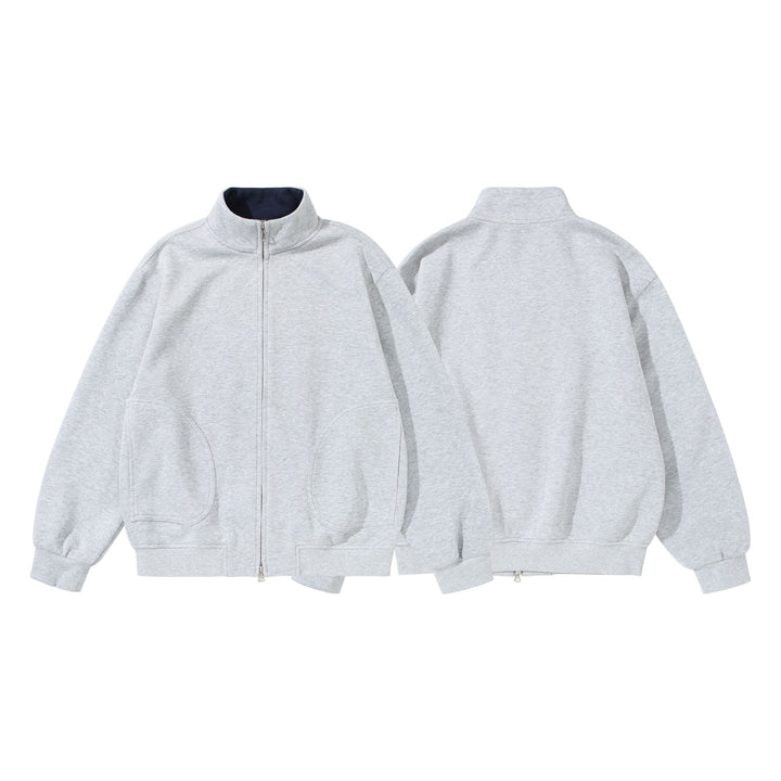 Unisex Oversize Sweat Jacket with Stand-up Collar, Two-way Zipper and Distinctive Half-round Pockets Mune Fashion