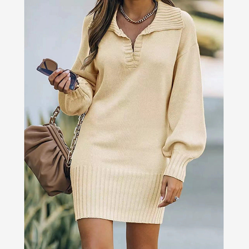 Women's off-shoulder knitted mini dress with wide V-neckline and ribbed waistband Mune Fashion