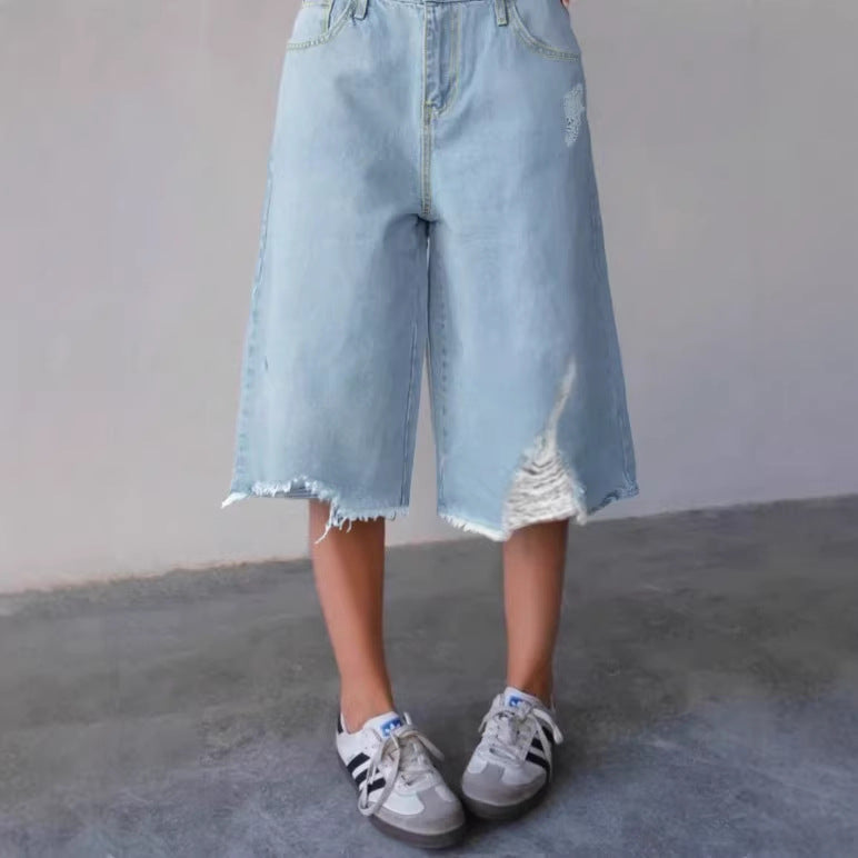 Women's Wide Denim Culotte with High Waist, Distressed Details and Raw Hem Mune Fashion