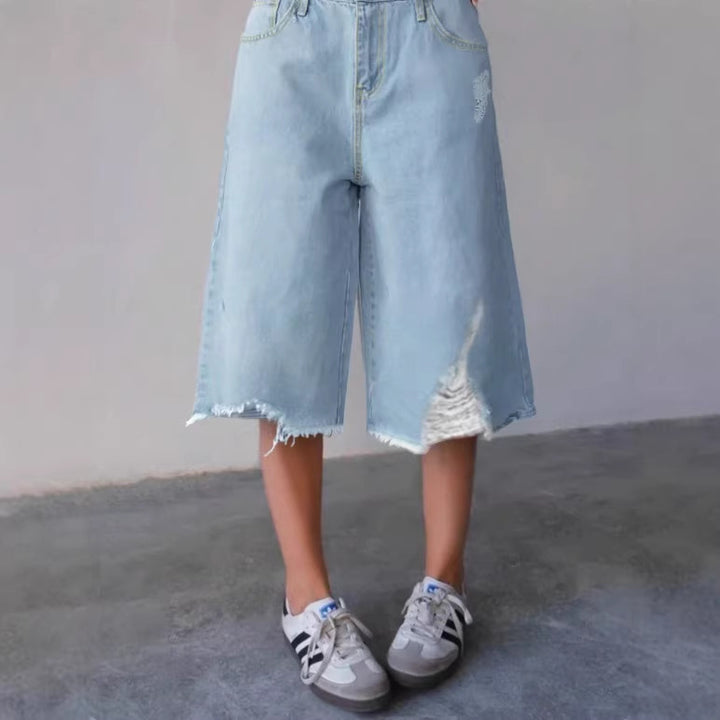 Women's Wide Denim Culotte with High Waist, Distressed Details and Raw Hem Mune Fashion