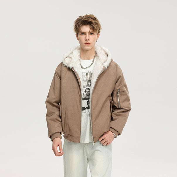 Herren Kurz-Bomberjacke mit Teddy-Kapuze, Kunstfellfutter und Utility-Ärmel Mune Fashion