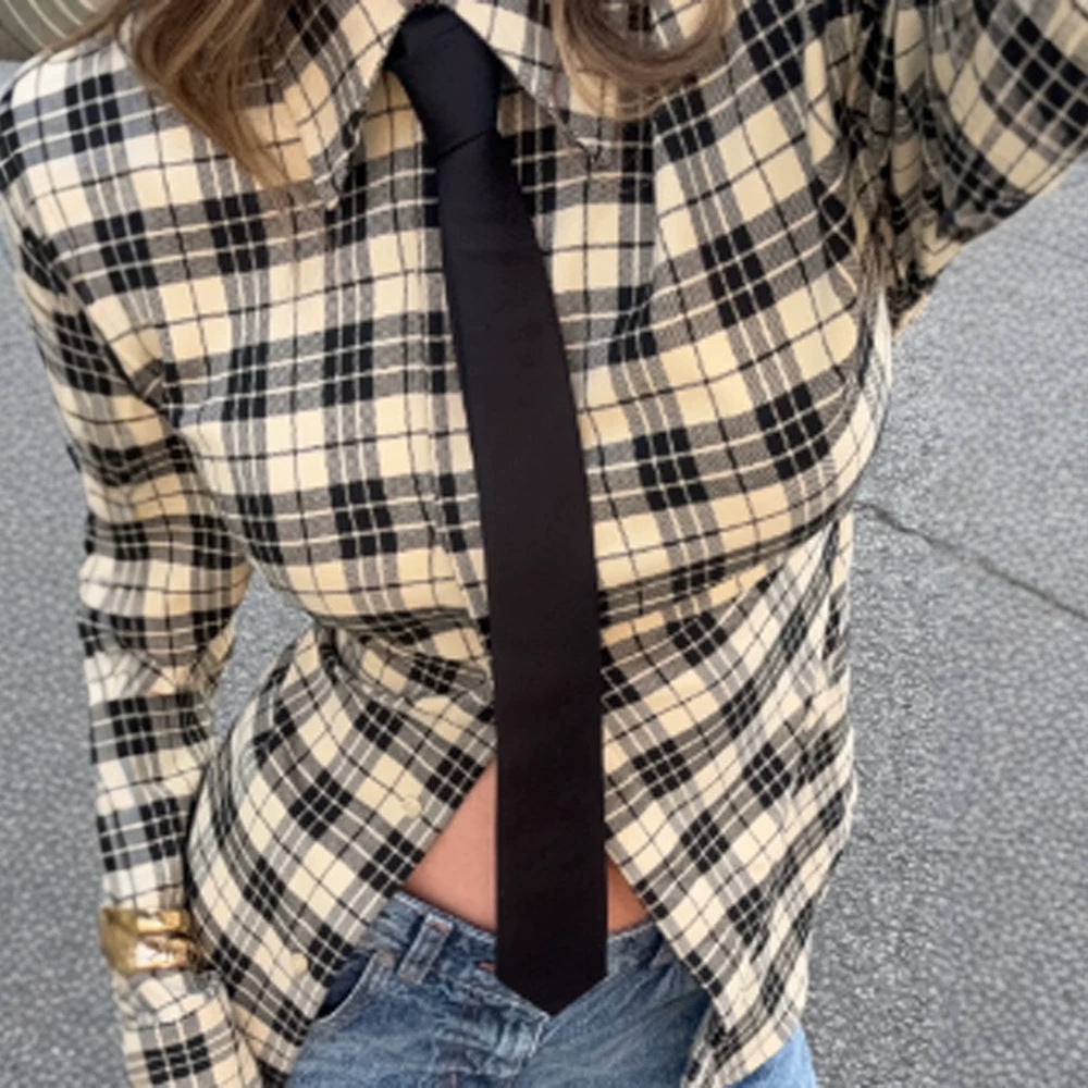 Women's Check Shirt Jacket with Emphasized Shoulders and Oversized Cut Mune Fashion