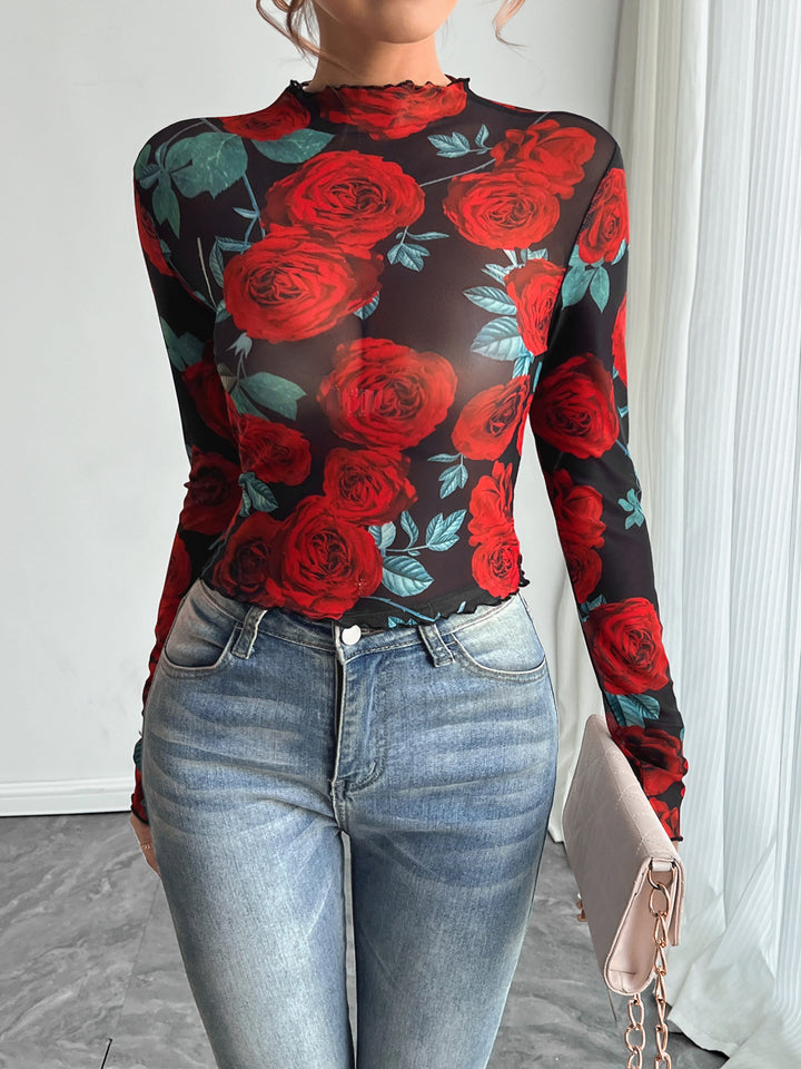 Women's figure-hugging mesh long-sleeve shirt with rose motif, high collar and wave hem Mune Fashion