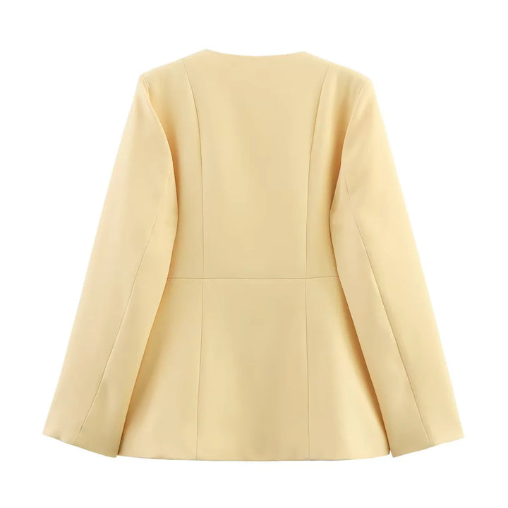 Women tailored round neck blazer jacket with concealed button placket, flap pockets and figure-enhancing seam lines Mune Fashion