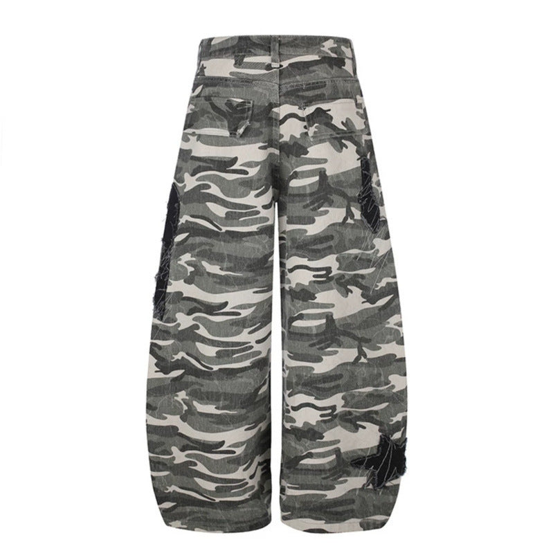 Women's Wide Camouflage Palazzo Pants with Balloon Hem and Decorative Stitch Details Mune Fashion