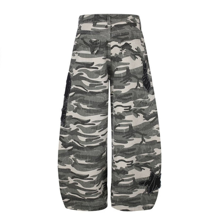 Women's Wide Camouflage Palazzo Pants with Balloon Hem and Decorative Stitch Details Mune Fashion