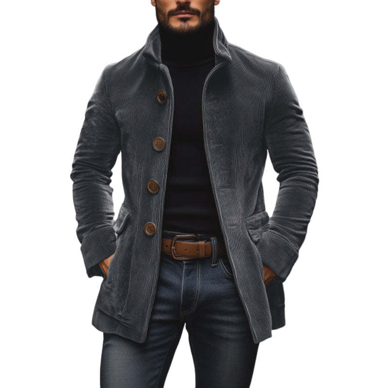 Men's tailored cord coat with stand-up collar, decorative button placket and side pockets Mune Fashion