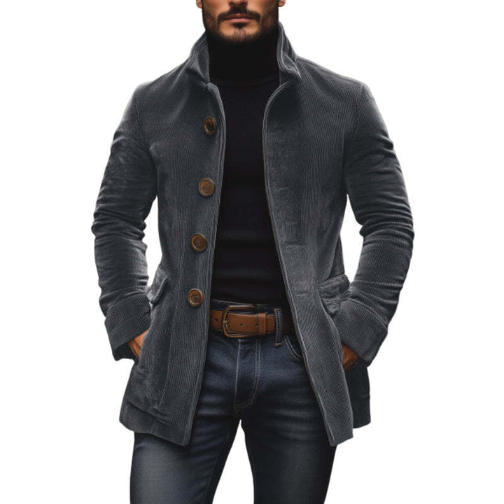 Men's tailored cord coat with stand-up collar, decorative button placket and side pockets Mune Fashion