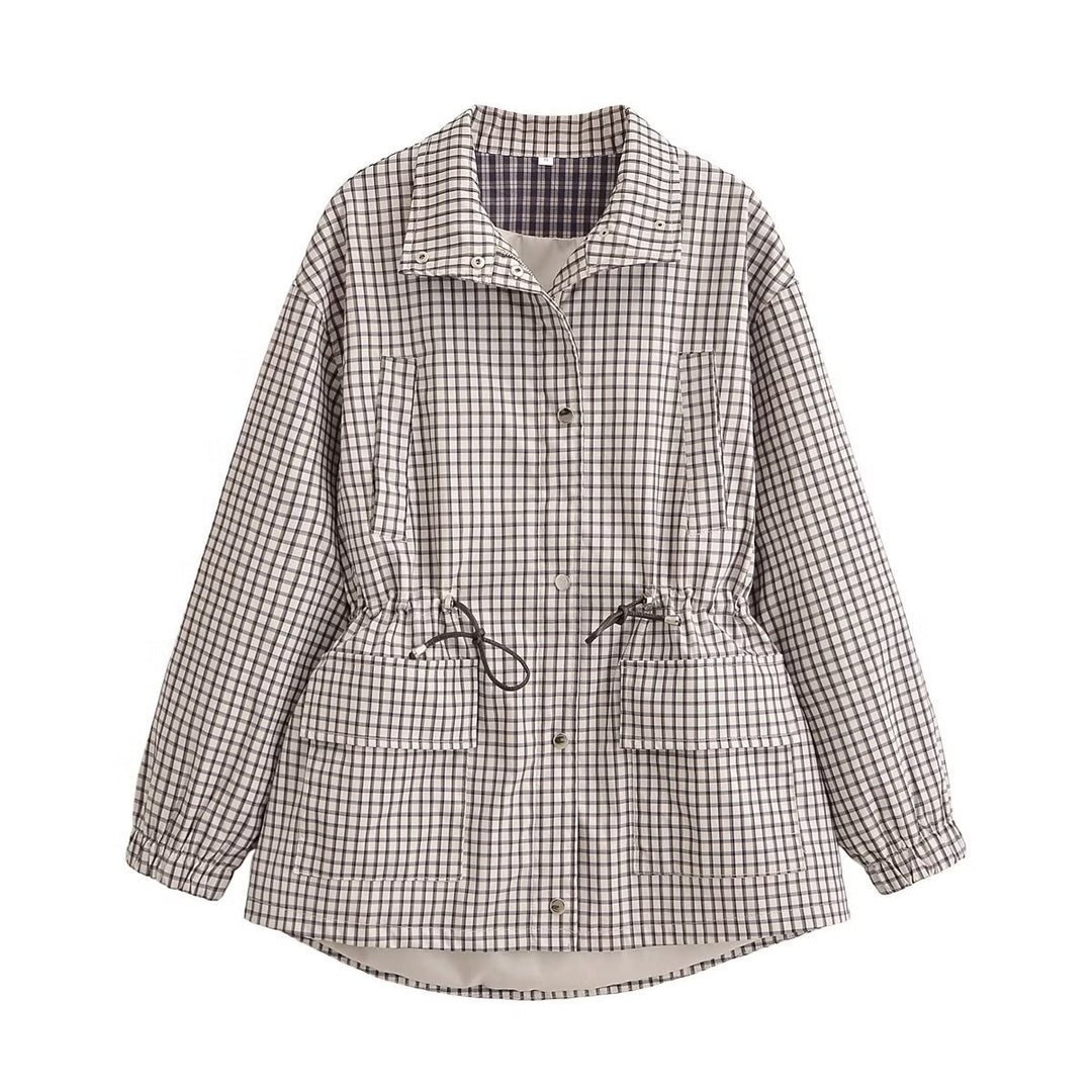 Women's Checked Transitional Jacket with Drawstring Waist and Flap Pockets Mune Fashion