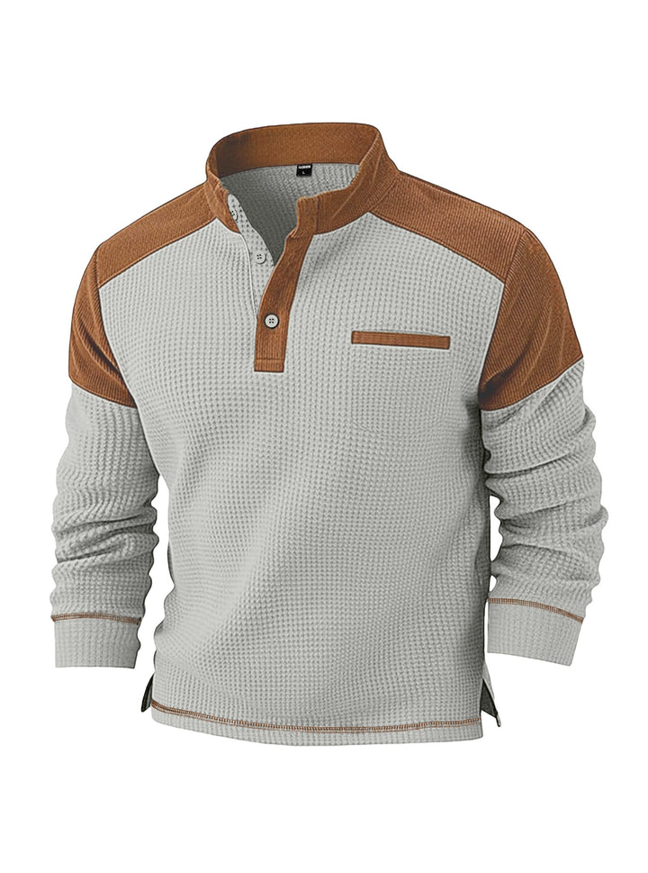 Men's waffle knit henley with stand-up collar, cord shoulder yoke and chest piping Mune Fashion