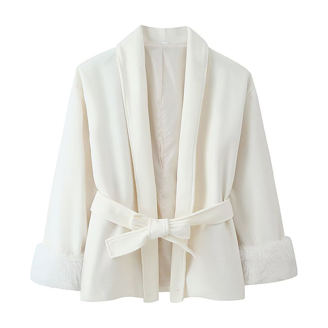 Women's wrap belt coat with shawl collar and faux fur cuffs Mune Fashion