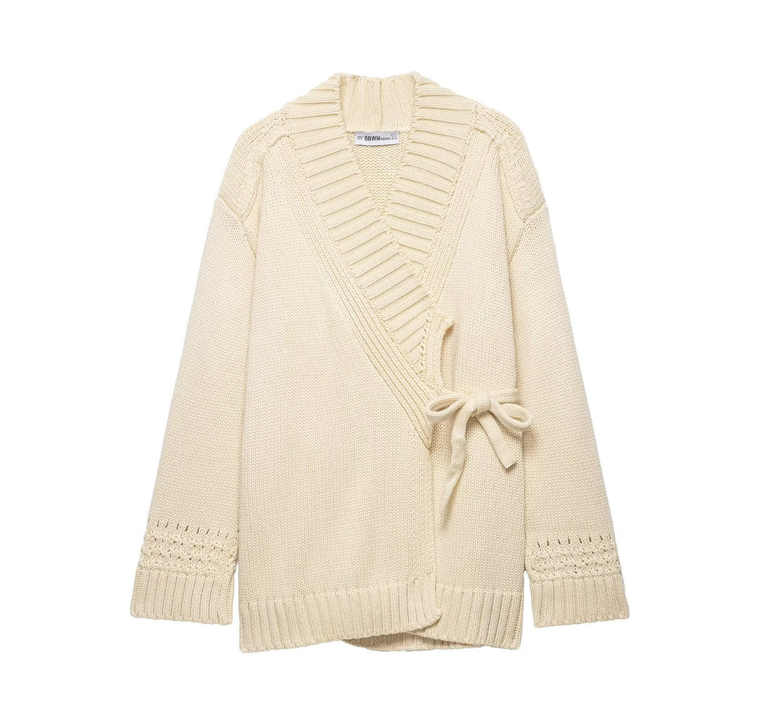 Ladies Wrap Knit Cardigan with Shawl Collar and Tie Belt Mune Fashion