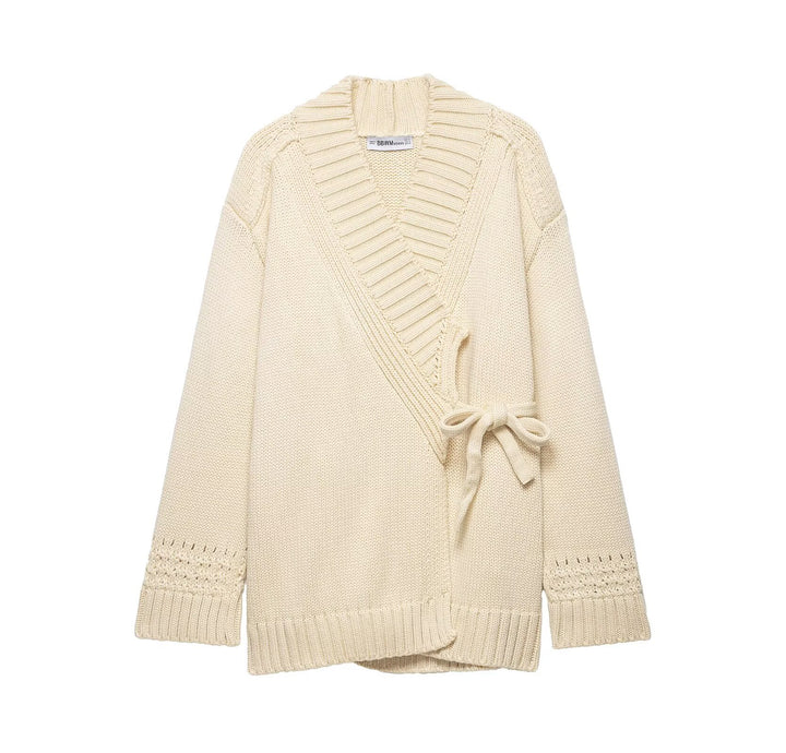 Ladies Wrap Knit Cardigan with Shawl Collar and Tie Belt Mune Fashion