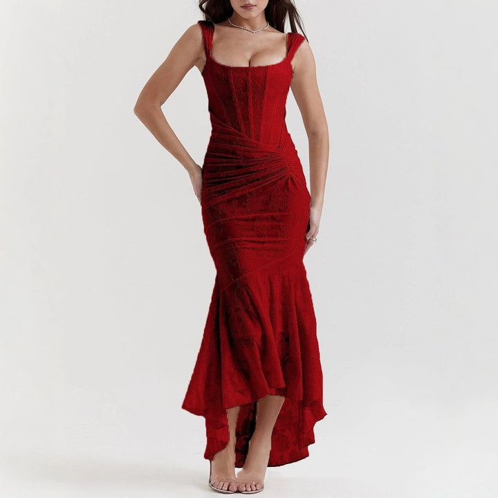 Women’s tight-fitting corset evening dress with integrated boning, ruched wrap design, and floral jacquard texture Mune Fashion