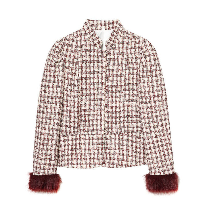 Women's Short Blazer made of Boucle Tweed with Stand-Up Collar and Faux Fur Cuffs Mune Fashion