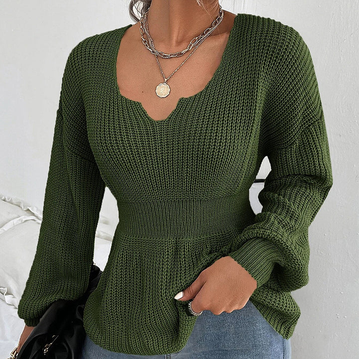Women's Tailored Fine Knit Sweater with Notched V-Neck, Waist-Emphasizing Ribbed Area, and Balloon Sleeves Mune Fashion
