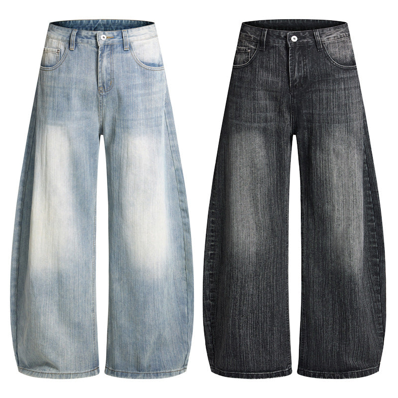Men's Wide Vintage-inspired Denim Palazzo Pants with Extended Hem and Soft Bleach Effects Mune Fashion