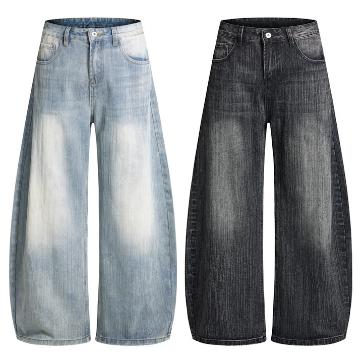 Men's Wide Vintage-inspired Denim Palazzo Pants with Extended Hem and Soft Bleach Effects Mune Fashion