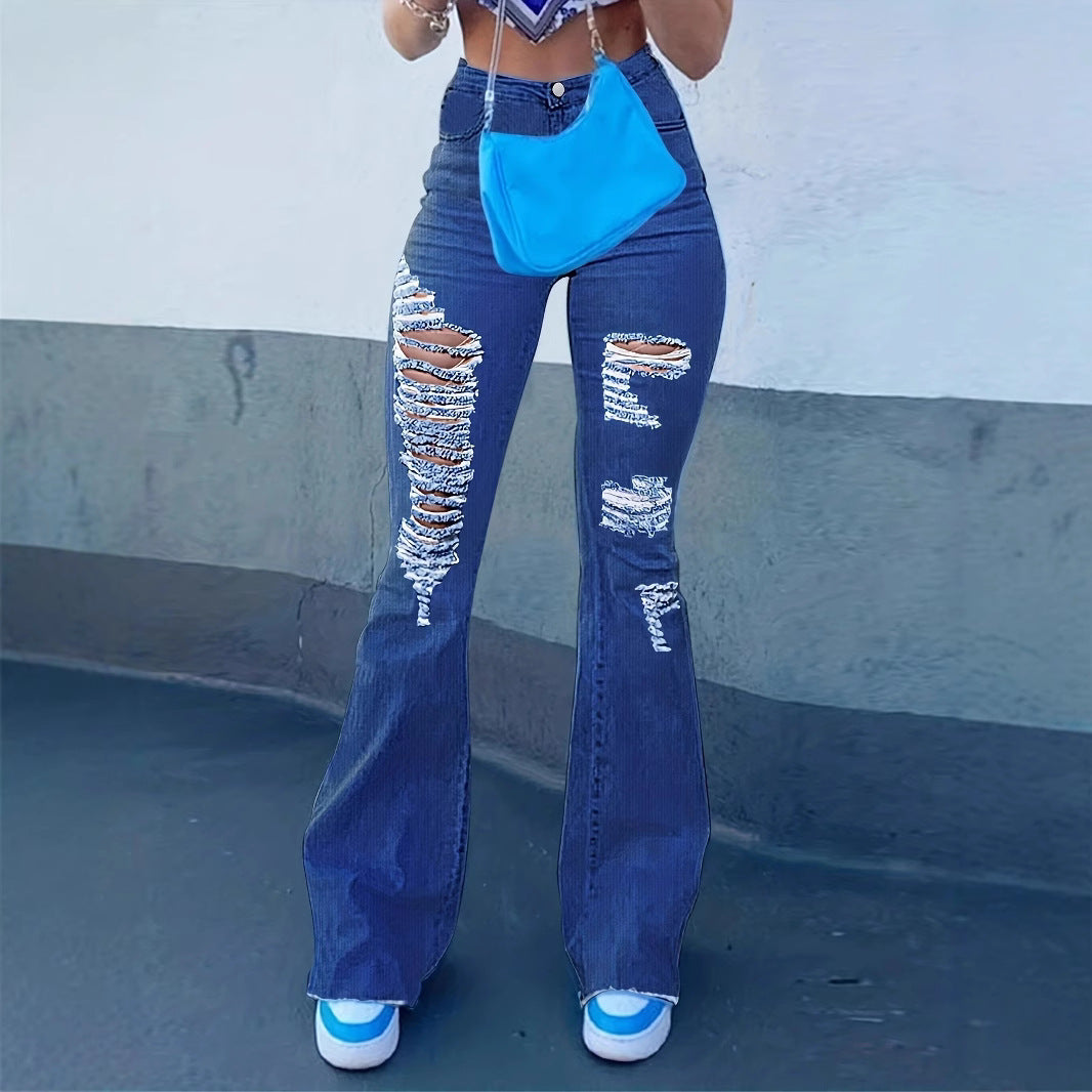 Ladies High-Waist Flared Jeans with large distressed rips and sculpting comfort waistband Mune Fashion