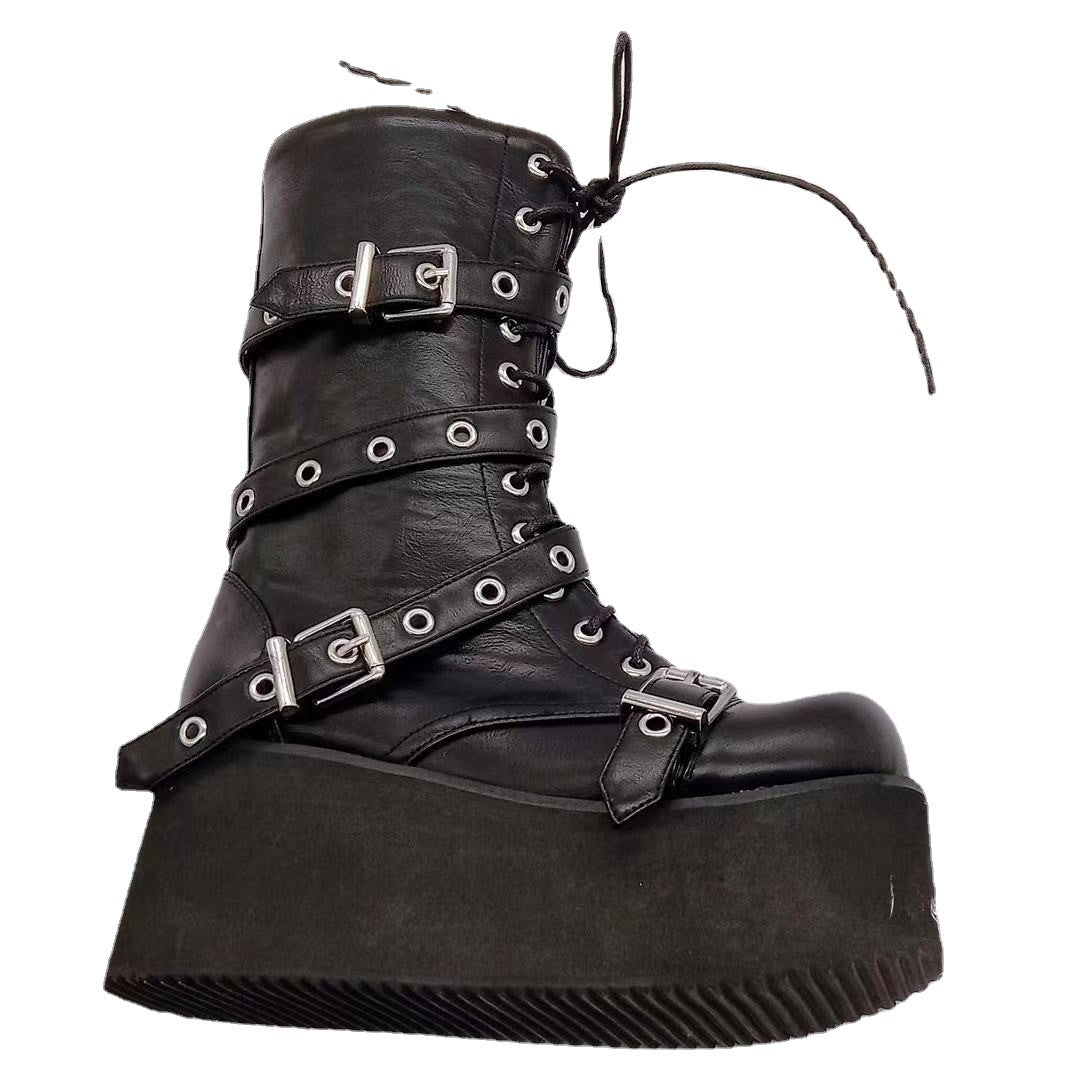 Women's platform combat boots with buckles, eyelets, lacing, and side zipper Mune Fashion