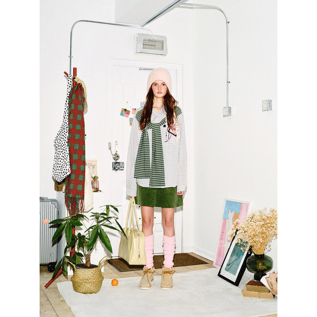 Women's Hooded Checkered Blouse with Attached Striped Scarf Mune Fashion