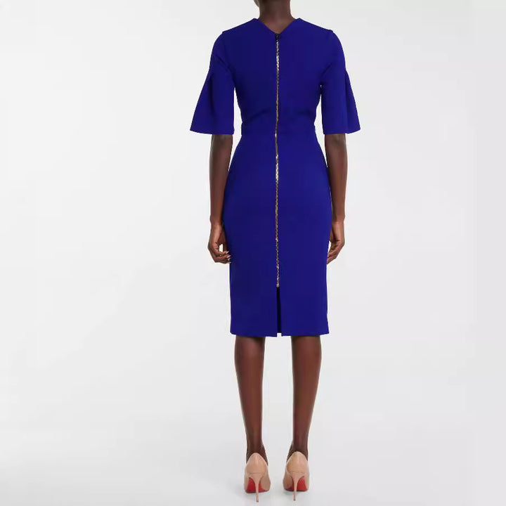 Women's figure-hugging midi dress with trumpet sleeves and round neckline Mune Fashion