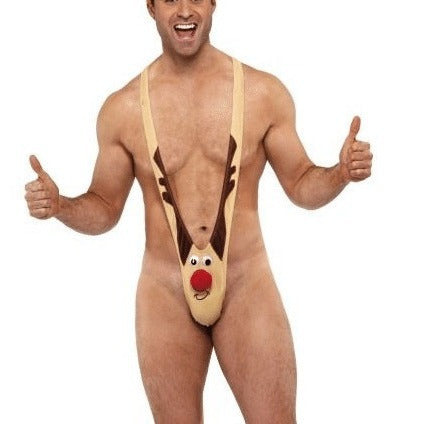 Men's novelty holiday reindeer mankini with playful antler pouch