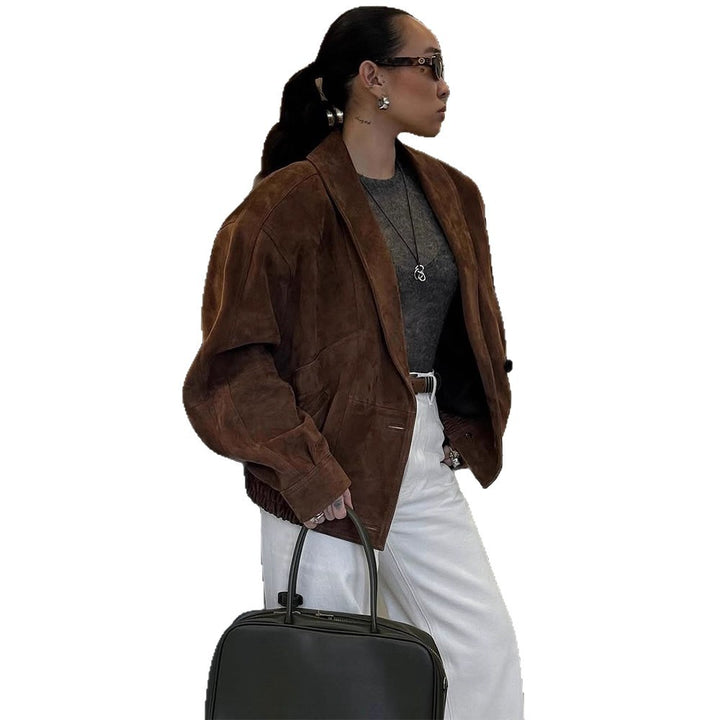 Women's Short Suede Boxy Jacket with Kimono-like Lapel Mune Fashion