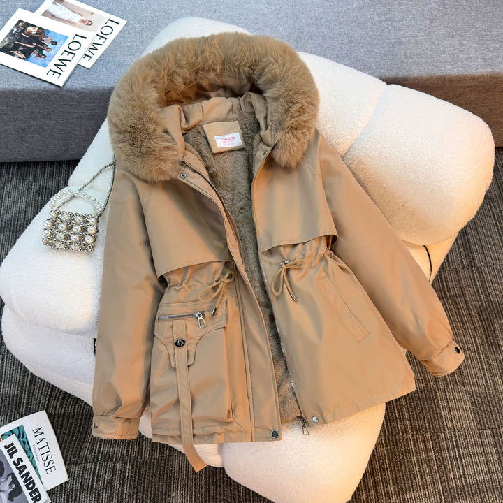 Women's short padded parka with faux fur collar, teddy lining, drawstring waist, and multifunctional pockets Mune Fashion