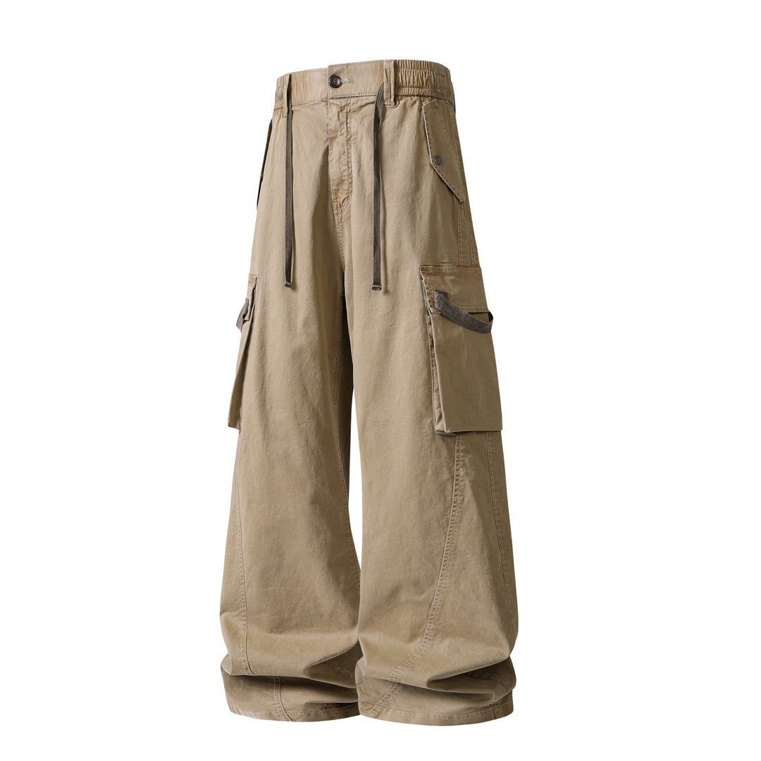 Men's Loose Cargo Pleated Pants with Drawstring and Large Flap Pockets Drune