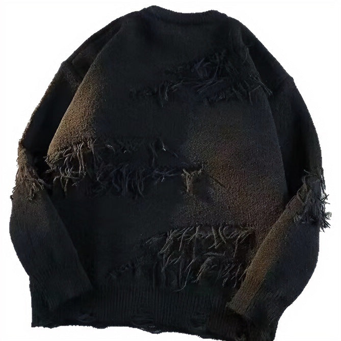 Unisex Oversized Round Neck Sweater with Destroyed Fringes and Ribbed Collar Mune Fashion