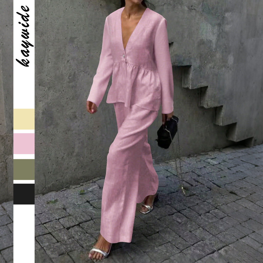 Ladies nan legeres linen mix two-piece with V-neck peplum blouse, single button placket and wide palazzo pants leg Mune Fashion
