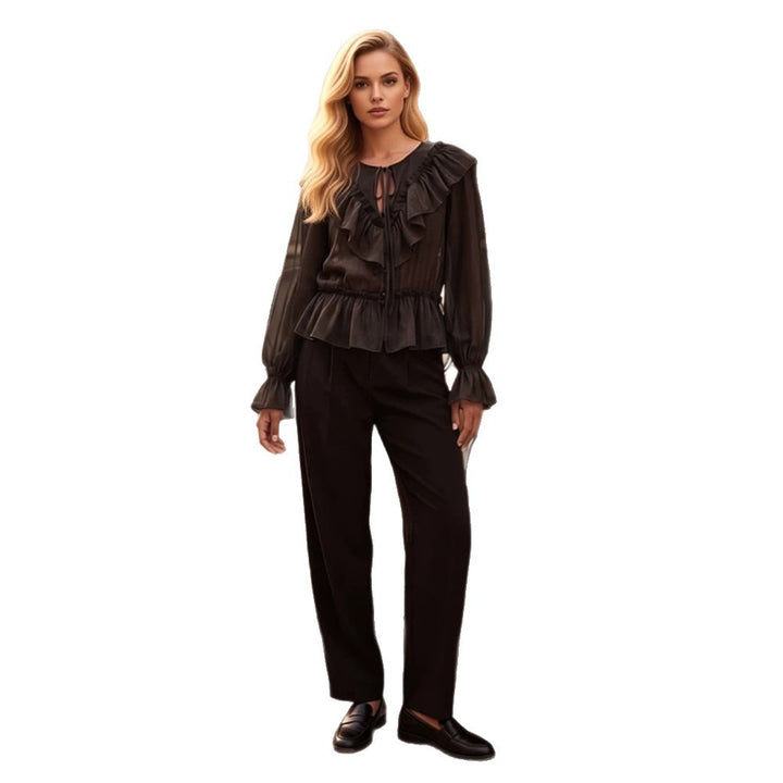 Women Ruffled transparent chiffon blouse with flounce peplum, long balloon sleeves and drawstring closure Mune Fashion