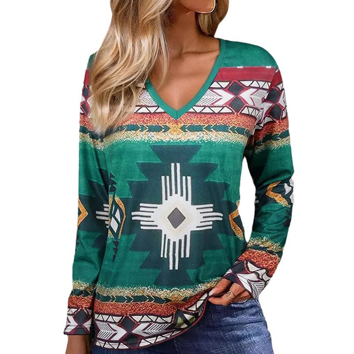 Women's long sleeve shirt with V-neck and graphic ethnic print casual fit Mune Fashion