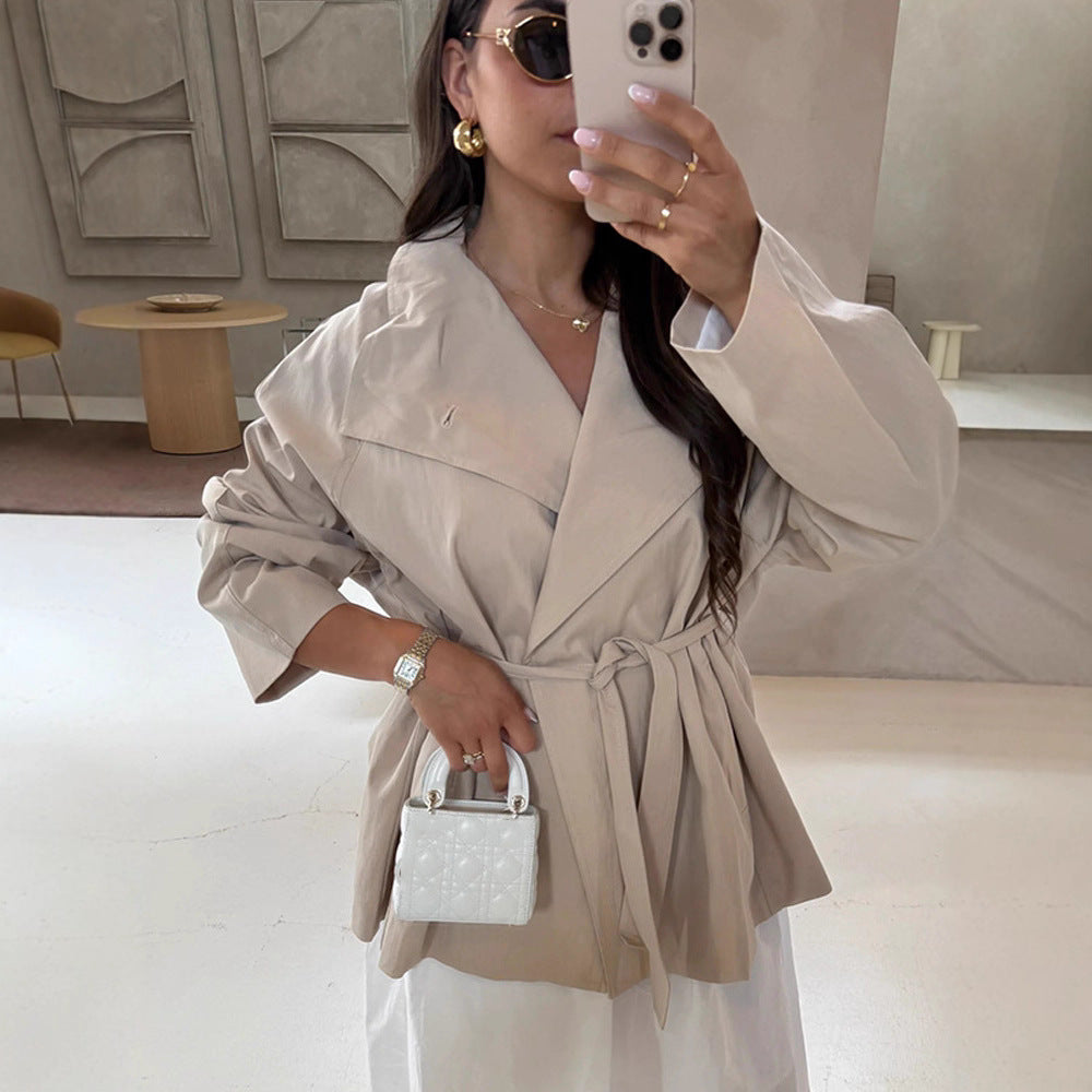 Women's wrap short jacket with tie belt, dropped shoulder and boxy silhouette Mune Fashion