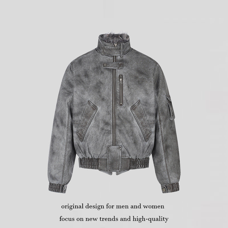 Men's padded pilot jacket in bomber style with high collar, faux fur trim, and waist belt Mune Fashion