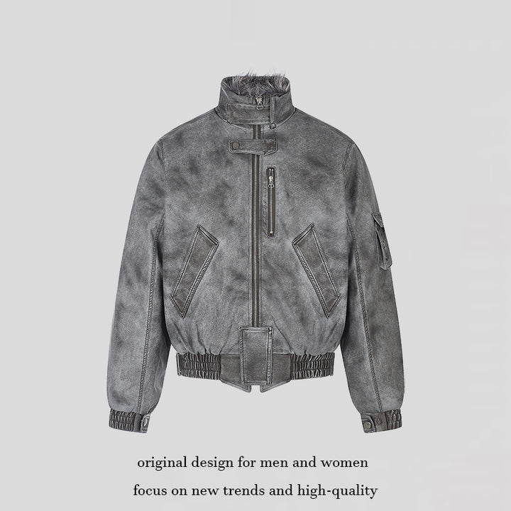 Men's padded pilot jacket in bomber style with high collar, faux fur trim, and waist belt Mune Fashion