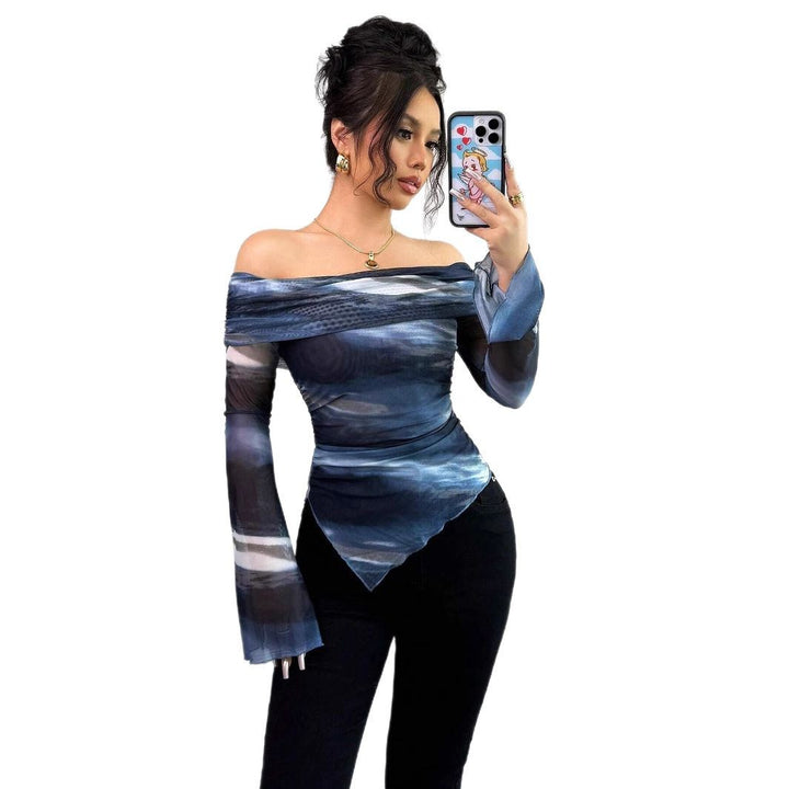 Women's shoulder-free mesh wrap top with asymmetrical handkerchief hem and long flared sleeves Mune Fashion